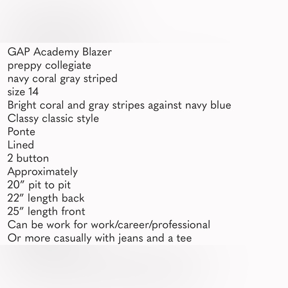 EUC GAP Academy Blazer- Preppy, Navy, Grey, Coral Striped DARLING Size 14 - Picture 8 of 8